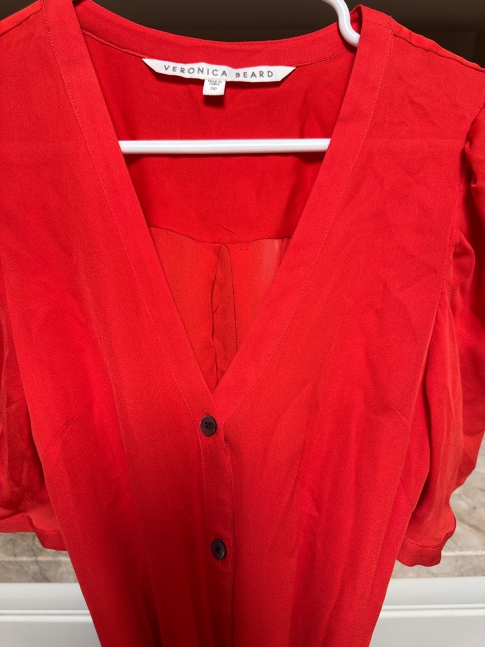 Veronica Beard Red V-Neck Button Blouse